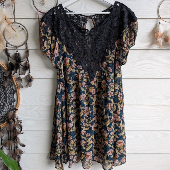 Free People Margot Printed Dress Floral Puff Sleeve Scoop Neck Medium M - Picture 4 of 6